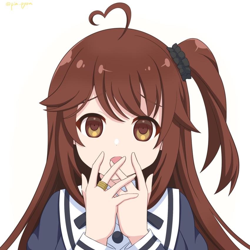 1girl ahoge assault_lily bangs black_ribbon black_scrunchie brown_eyes brown_hair commentary_request gradient_background hair_ornament hair_scrunchie hand_to_own_mouth hands_up heart heart_ahoge highres jewelry juliet_sleeves long_hair long_sleeves looking_at_viewer neck_ribbon one_side_up open_mouth own_hands_together piatin portrait puffy_sleeves raised_eyebrows ribbon ring school_uniform scrunchie solo swept_bangs takasuga_tsukushi twitter_username white_background yellow_background yurigaoka_girls_academy_school_uniform
