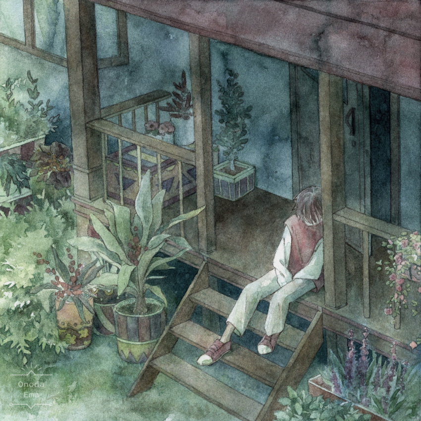 1boy artist_name bangs between_legs brown_hair door flower from_above garden hair_over_eyes hand_between_legs highres long_sleeves male_focus onoda_ema original outdoors painting_(medium) pants plant porch potted_plant purple_flower railing red_footwear red_vest shirt shoes short_hair sitting sneakers solo stairs traditional_media vest watercolor_(medium) watermark white_pants white_shirt wooden_porch