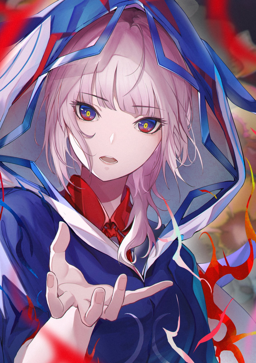 1girl abstract_background absurdres blue_eyes commentary_request hair_over_shoulder highres hood hood_up hooded_jacket jacket kaf_(kamitsubaki_studio) kamitsubaki_studio long_hair looking_at_viewer marumoru multicolored_clothes multicolored_eyes multicolored_jacket open_hand open_mouth outstretched_arm pink_hair solo upper_body virtual_youtuber yellow_pupils