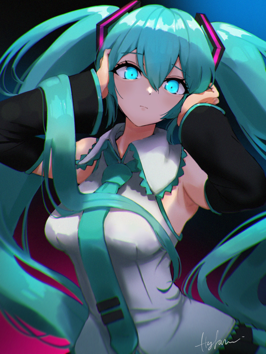 1girl armpits bangs between_breasts breasts closed_mouth collar commentary_request covering_ears crazy_eyes curvy dark_background dress expressionless eyelashes frilled_collar frilled_dress frills glowing glowing_eyes green_eyes green_necktie grey_hair hair_between_eyes hair_over_breasts hands_up hatsune_miku head_tilt highres hylran0427 large_breasts long_hair looking_at_viewer necktie necktie_between_breasts sidelocks signature solo twintails very_long_hair vocaloid white_collar white_dress
