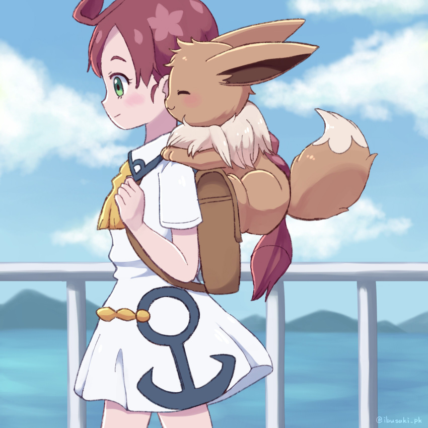1girl anchor_print bangs brown_hair chloe_(pokemon) closed_mouth clouds collared_dress commentary_request day dress eevee eyelashes fence from_side green_eyes hand_up highres holding_strap ibusaki_(ivu) long_hair neck_tassel outdoors pokemon pokemon_(anime) pokemon_(creature) pokemon_journeys pokemon_on_back short_sleeves sky white_dress