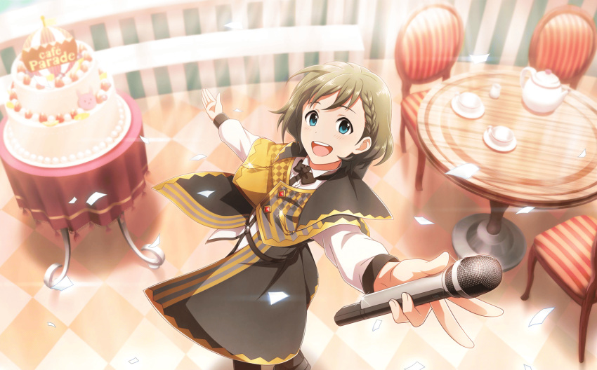 1boy black_bow black_bowtie blue_eyes bow bowtie braid cake chair confetti cup fingernails food highres holding holding_microphone idolmaster idolmaster_side-m idolmaster_side-m_live_on_stage! male_focus microphone official_alternate_costume official_art open_mouth table teacup teapot teeth upper_teeth_only uzuki_makio