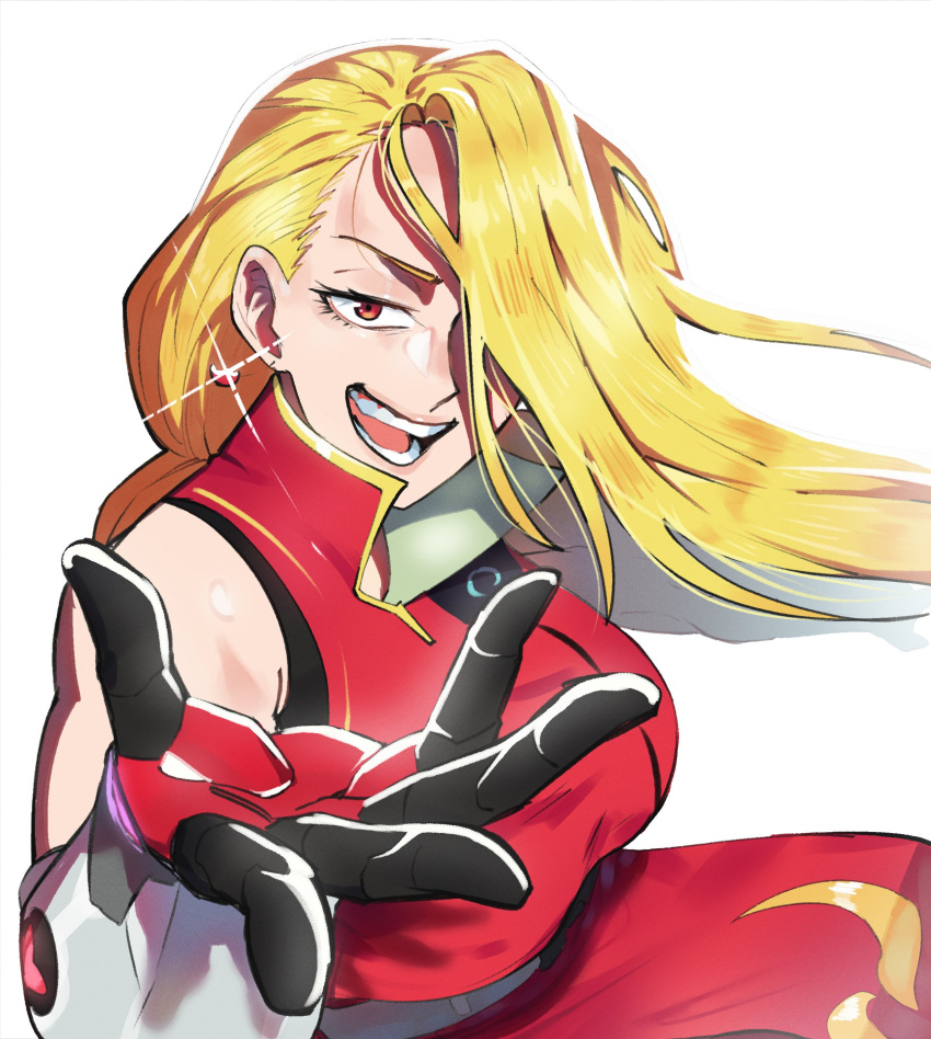 1girl absurdres blonde_hair borrowed_character breasts earrings gloves hair_over_one_eye hentaly highres jewelry large_breasts long_hair open_mouth original reaching_towards_viewer red_eyes simple_background sitting smile solo teeth white_background