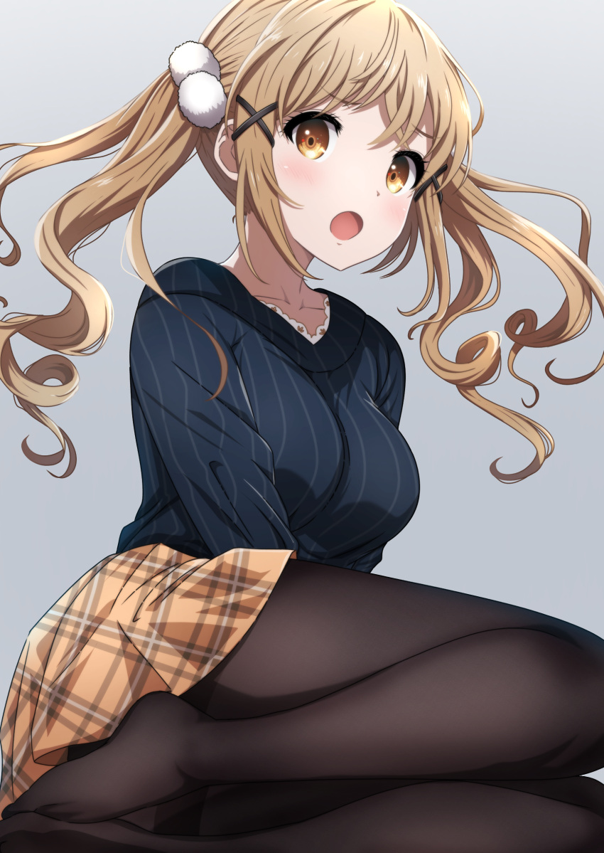 1girl absurdres bang_dream! black_pantyhose blue_sweater blush breasts brown_eyes brown_hair brown_skirt commentary grey_background hair_ornament highres ichigaya_arisa long_hair long_sleeves looking_at_viewer medium_breasts no_shoes noshimurin open_mouth pantyhose plaid plaid_skirt pom_pom_(clothes) pom_pom_hair_ornament simple_background skirt solo sweater twintails x_hair_ornament
