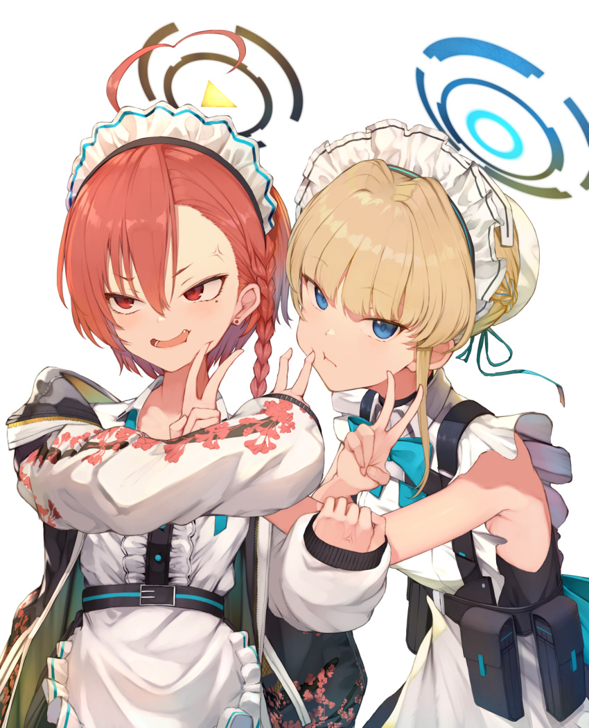 ahoge anger_vein apron asymmetrical_bangs bangs blonde_hair blue_archive blue_bow blue_bowtie blue_eyes blue_ribbon bow bowtie braid bun_cover chest_harness double_v frilled_apron frills hair_ribbon halo harness highres jacket looking_at_viewer looking_away maid_headdress mole mole_under_eye necktie neru_(blue_archive) open_clothes open_jacket orange_hair piisu print_jacket red_eyes ribbon sukajan toki_(blue_archive) undone_necktie v waist_apron white_apron white_background