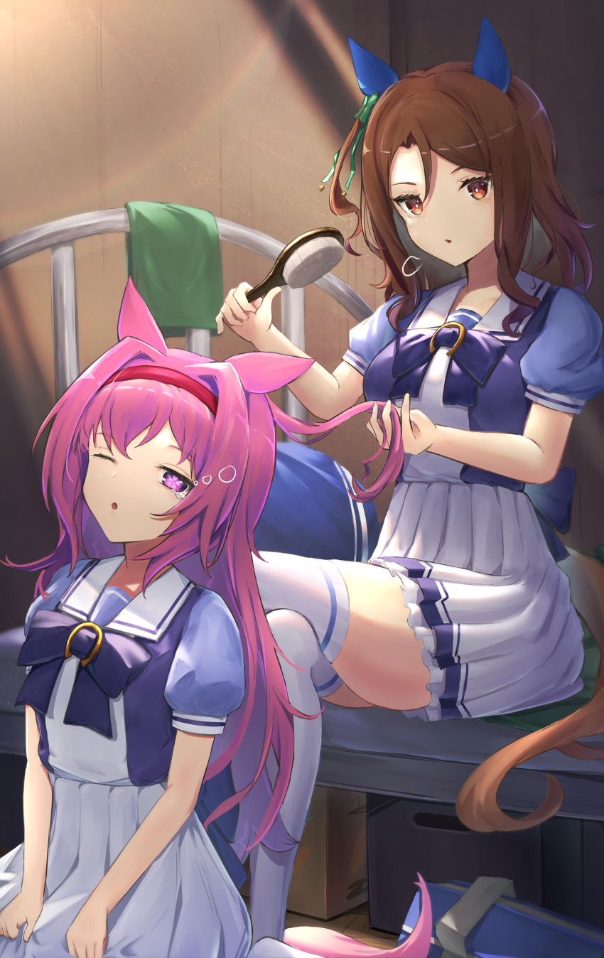 2girls ;o absurdres bag bow bowtie brown_eyes brown_hair brushing_hair crossed_legs ear_covers flower_in_eye frilled_skirt frills hair_bow hair_down hair_intakes haru_urara_(umamusume) headband highres holding_hair_brush horse_girl horseshoe_ornament king_halo_(umamusume) kodoneri_(user_quk1118) long_hair multiple_girls one_eye_closed pink_eyes pink_hair pleated_skirt puffy_short_sleeves puffy_sleeves purple_bow purple_bowtie purple_serafuku purple_shirt red_headband sailor_collar sailor_shirt school_bag school_uniform serafuku shirt short_sleeves sitting skirt symbol_in_eye thigh-highs tracen_school_uniform umamusume white_skirt white_thighhighs