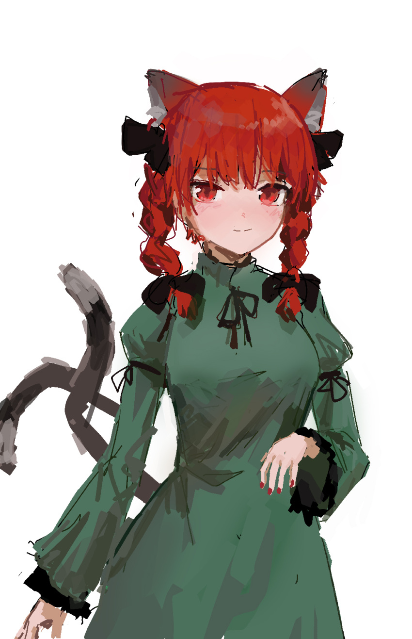 1girl animal_ears bangs braid cat_ears cat_tail closed_mouth dress extra_ears green_dress highres kaenbyou_rin long_sleeves looking_at_viewer medium_hair multiple_tails nekomata no_lineart red_eyes red_nails reddizen redhead short_sleeves side_braids simple_background smile solo tail touhou twin_braids twintails two_tails white_background
