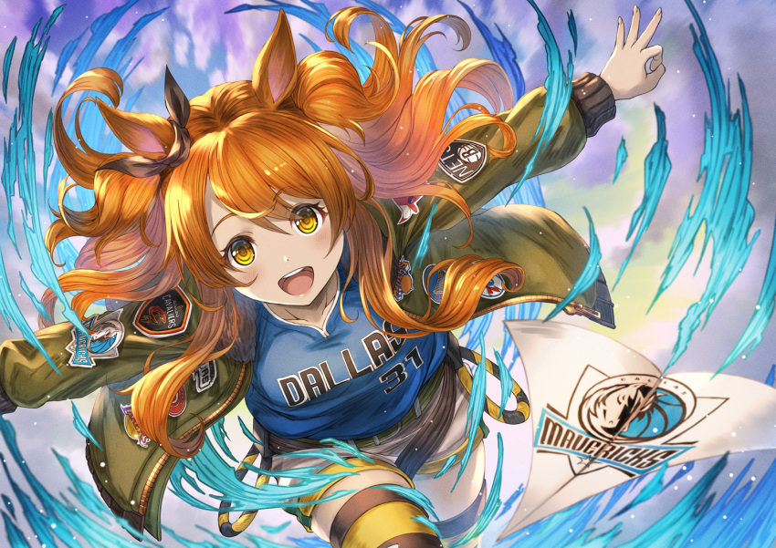1girl :d animal_ears bangs basketball_jersey belt bomber_jacket breasts brooklyn_nets brown_ribbon brown_thighhighs chicago_bulls cleveland_cavaliers clouds collarbone commentary_request cowboy_shot dallas_mavericks ear_ribbon floating_hair golden_state_warriors green_belt green_jacket hair_between_eyes horse_ears horse_girl jacket long_hair long_sleeves looking_at_viewer los_angeles_lakers mayano_top_gun_(umamusume) national_basketball_association new_york_knicks open_clothes open_jacket open_mouth orange_eyes orange_hair outstretched_arms paper_airplane partial_commentary philadelphia_76ers ribbon running short_shorts shorts sidelocks small_breasts smile solo teeth thigh-highs two_side_up umamusume upper_teeth_only white_shorts yakkuro