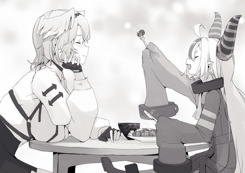 2girls ahoge blush breast_rest breasts closed_eyes closed_mouth collar collared_shirt demon_girl demon_horns facing_another food fork greyscale hair_wings head_wings high-waist_shorts highres holding holding_fork hololive horns la+_darknesss large_breasts long_hair long_sleeves metal_collar mitsuru_(pixiv_34028718) monochrome multicolored_hair multiple_girls o-ring open_mouth oversized_clothes pointy_ears puffy_long_sleeves puffy_sleeves shirt short_hair shorts simple_background sitting sleeves_past_fingers sleeves_past_wrists smile streaked_hair striped_horns table takane_lui very_long_hair very_long_sleeves virtual_youtuber
