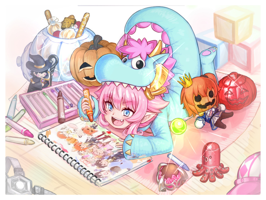 1girl animal_costume blue_eyes candy crayon crown discat doll dragon_costume drawing fang fate/grand_order fate_(series) food hat holding holding_crayon jack-o'-lantern kumonryuu_eliza_(fate) lying on_stomach onesie pink_hair pointy_ears sketchbook tail wizard_hat