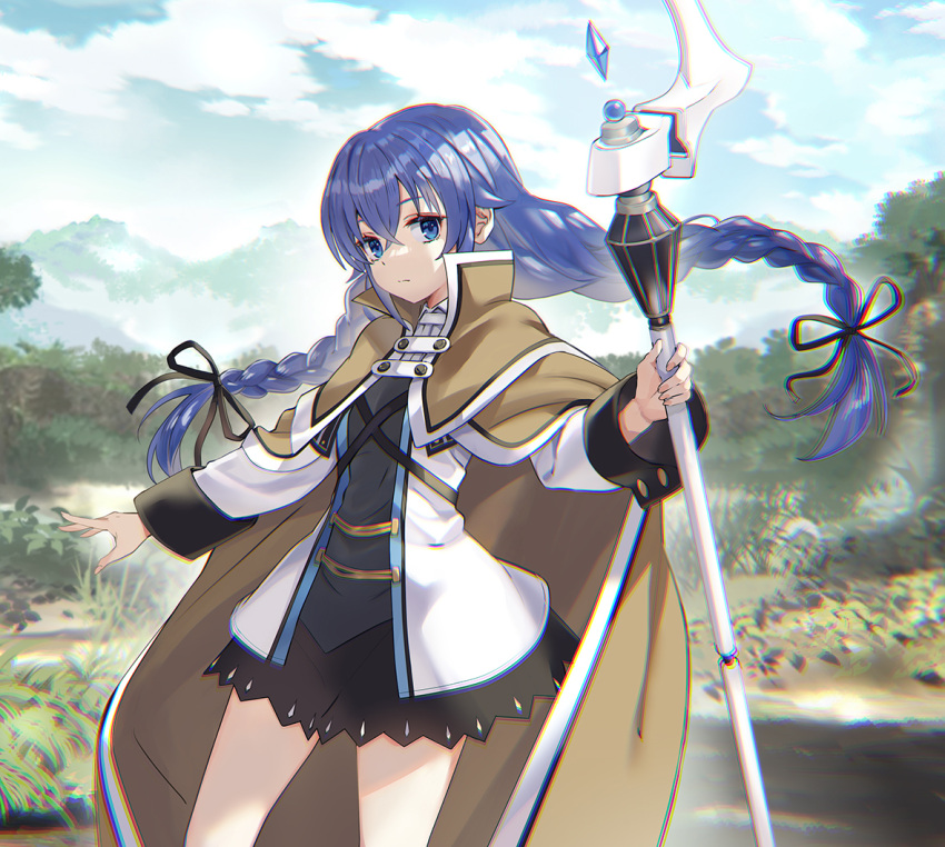1girl bangs black_ribbon blue_eyes blue_hair blue_sky braid brown_cape cape chromatic_aberration closed_mouth clouds commentary cowboy_shot crossed_bangs day dress expressionless floating_hair hair_ribbon holding holding_staff long_braid long_hair long_sleeves looking_at_viewer mountain mushoku_tensei nature nyoro_(nyoronyoro000) outdoors ribbon roxy_migurdia sky solo staff twin_braids white_dress