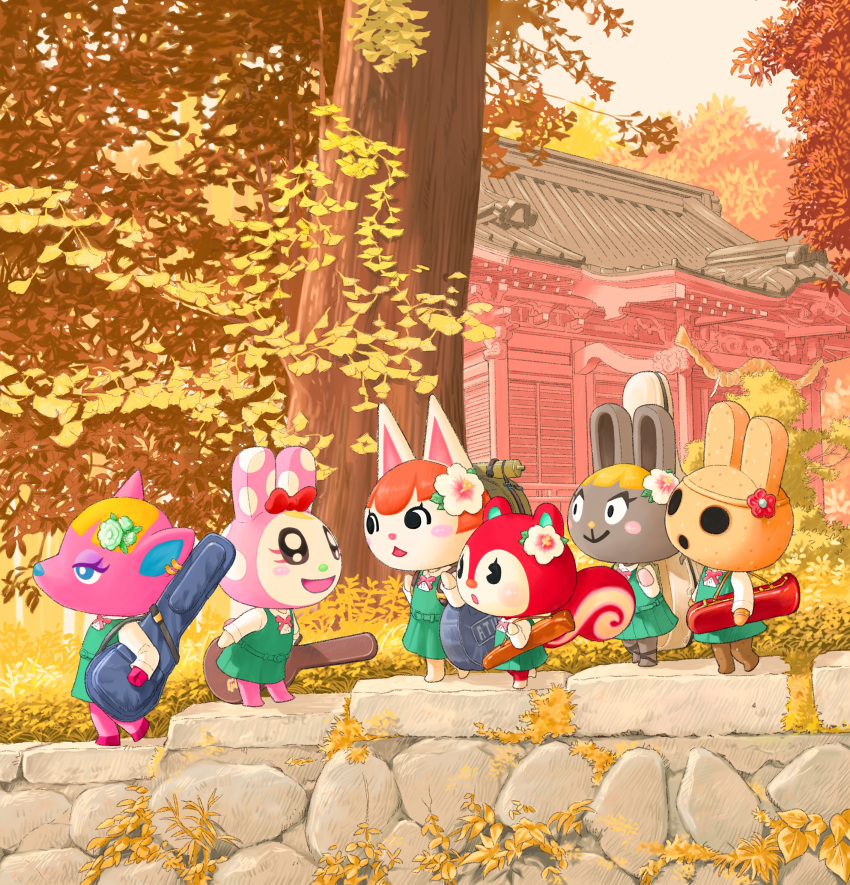 6+girls :d absurdres animal_crossing architecture belt blue_eyes blush blush_stickers bonbon_(animal_crossing) bow building cat_girl chrissy_(animal_crossing) closed_mouth coco_(animal_crossing) commentary_request day deer_girl dress earrings east_asian_architecture eyelashes felicity_(animal_crossing) flower fuchsia_(animal_crossing) furry furry_female grass green_belt green_dress guitar_case highres instrument_case jewelry leaf long_sleeves looking_at_another multiple_girls neck_ribbon open_mouth outdoors pinafore_dress pink_bow pink_ribbon pleated_dress poppy_(animal_crossing) rabbit_girl ribbon school_uniform senrotou shirt sky smile smirk squirrel_girl standing stone_wall tree wall white_flower white_shirt