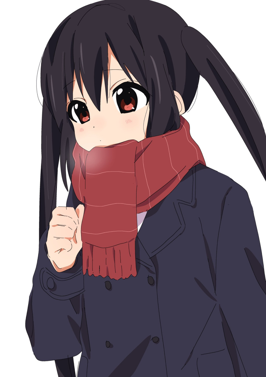 1girl bangs black_coat black_hair blush breath brown_eyes closed_mouth coat hair_between_eyes highres k-on! long_hair long_sleeves nakano_azusa o0naici0o red_scarf scarf sidelocks simple_background solo strap twintails upper_body white_background