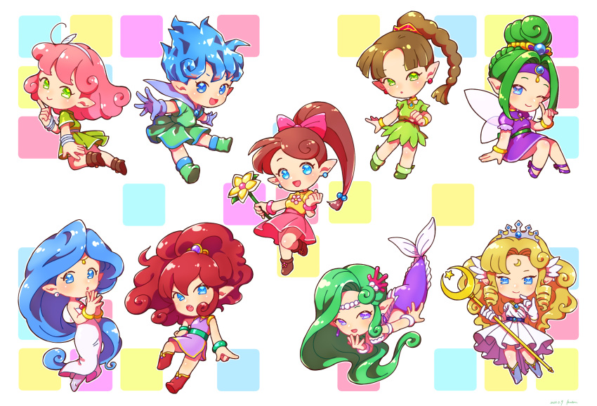 6+girls :d :o ahoge artist_name bangs beads blonde_hair blue_eyes blue_gloves blue_hair blush boots bow bracelet braid braided_ponytail brown_footwear brown_hair chibi circlet closed_mouth commentary_request crescent crown curly_hair dated dress drill_locks earrings elias_(panel_de_pon) eyelashes facial_mark fairy fairy_wings fang flare_(panel_de_pon) flower flower_wand forehead_mark gloves gold_trim green_dress green_eyes green_footwear green_hair h_vstpy hair_bobbles hair_bow hair_bun hair_ornament hairband hand_up headband high_ponytail highres holding holding_staff holding_wand jewelry lip_(panel_de_pon) long_hair looking_at_viewer medium_hair mermaid monster_girl multiple_girls neris_(panel_de_pon) one_eye_closed open_mouth panel_de_pon pink_bow pink_hair pink_skirt pleated_skirt pointy_ears ponytail puffy_short_sleeves puffy_sleeves purple_dress purple_headband red_footwear redhead ruby_(panel_de_pon) seren_(panel_de_pon) sherbet_(panel_de_pon) shirt shirt_tucked_in short_hair short_sleeves sidelocks signature simple_background single_braid single_hair_bun skirt sleeveless sleeveless_dress smile spiky_hair staff strapless strapless_dress teana_(panel_de_pon) teeth tiara upper_teeth_only v-shaped_eyebrows very_long_hair violet_eyes wand wavy_hair white_background white_dress white_gloves white_hairband windy_(panel_de_pon) wings yellow_shirt
