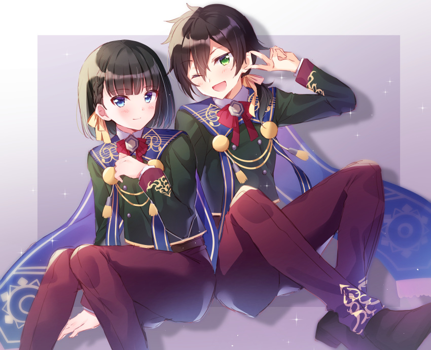 2boys androgynous belt bishounen black_hair black_jacket blue_eyes blush border character_request closed_mouth highres idolmaster idolmaster_side-m jacket kagura_rei long_sleeves looking_at_viewer low_ponytail male_focus multiple_boys one_eye_closed open_mouth pants purple_background rayuse red_pants short_braid short_hair sitting smile white_border