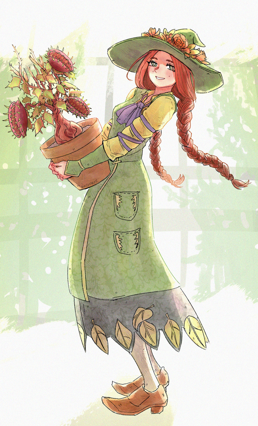1girl absurdres braid carnivorous_plant dress flower full_body green_dress green_eyes green_headwear harry_potter_(series) hat hat_flower highres hogwarts_legacy holding_flower_pot long_hair long_sleeves low_twin_braids mirabel_garlick plant potted_plant ryosharke smile solo standing twin_braids witch_hat