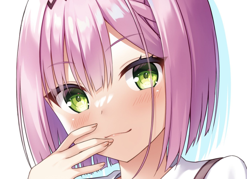 >:) 1girl bangs blunt_bangs blush close-up closed_mouth commentary_request eyelashes eyes_visible_through_hair finger_to_mouth fingernails green_eyes gyaoo_yuzu_soft hand_up heart heart-shaped_pupils looking_at_viewer pink_hair short_hair simple_background smile smug solo symbol-shaped_pupils tanikaze_amane tenshi_souzou v-shaped_eyebrows white_background