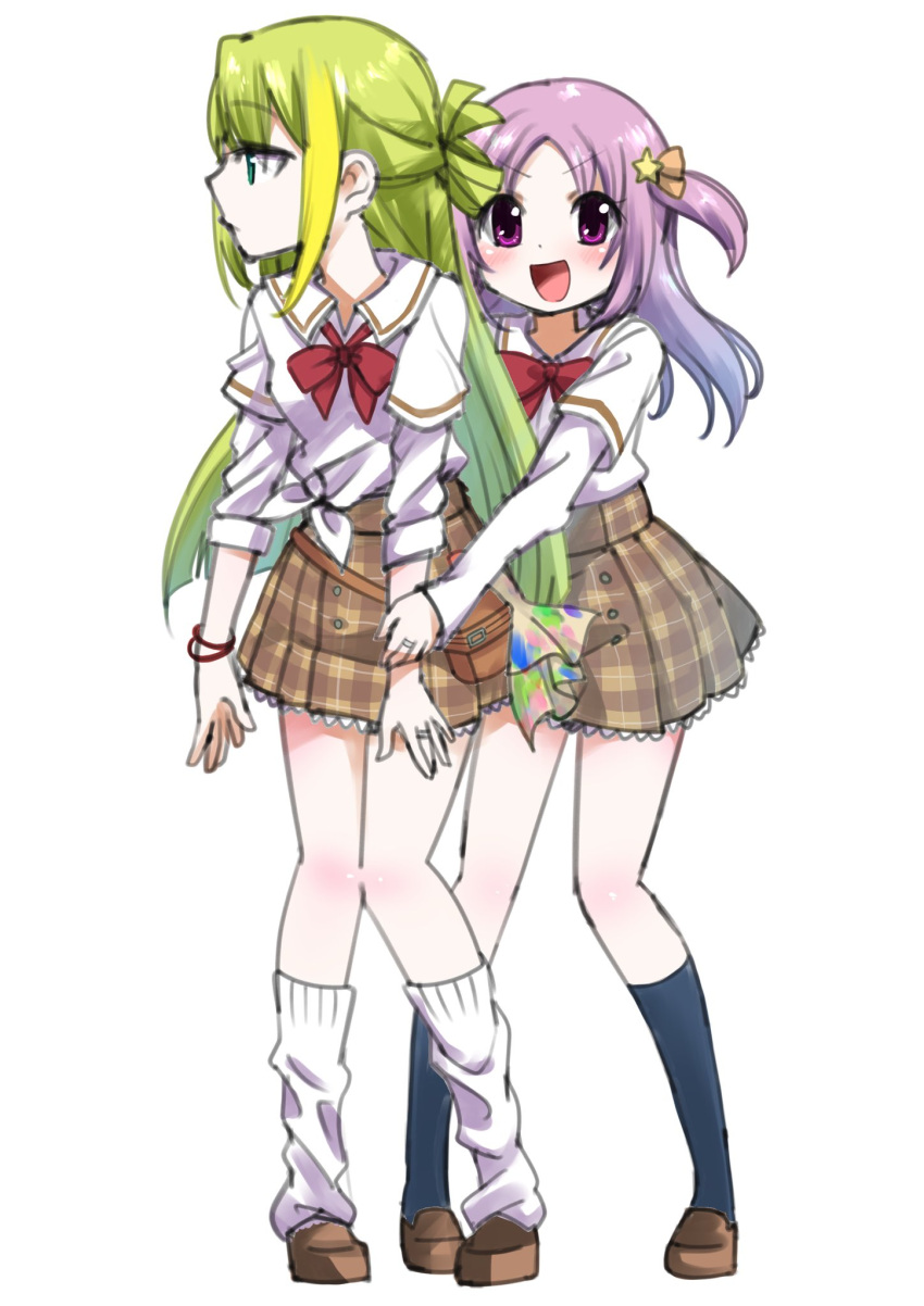 2girls :d alina_gray bangs belt_pouch blonde_hair blue_socks blunt_ends bow bowtie brown_footwear brown_skirt closed_mouth green_hair hair_ornament hair_ribbon highres kneehighs layered_sleeves leon_ahp loafers long_hair long_sleeves loose_bowtie loose_socks magia_record:_mahou_shoujo_madoka_magica_gaiden mahou_shoujo_madoka_magica medium_hair misono_karin multicolored_hair multiple_girls open_mouth orange_ribbon paint_stains parted_bangs plaid plaid_skirt pouch profile purple_hair rag red_bow red_bowtie red_wristband ribbon sakae_general_school_uniform school_uniform shirt shoes short_over_long_sleeves short_sleeves side-tie_shirt sidelocks simple_background single_hair_ring skirt sleeves_rolled_up smile socks standing star_(symbol) star_hair_ornament straight_hair streaked_hair two_side_up very_long_hair violet_eyes white_background white_shirt white_socks wing_collar wristband