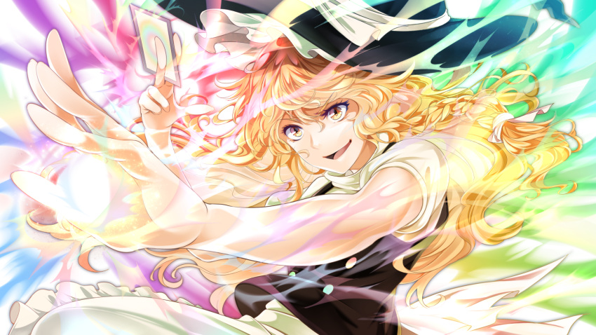 100th_black_market 1girl :d apron arkatopia black_headwear black_vest blonde_hair bow braid colorful commentary floating_hair hair_bow hat highres kirisame_marisa long_hair magic open_mouth short_sleeves single_braid smile solo touhou upper_body vest witch_hat yellow_eyes