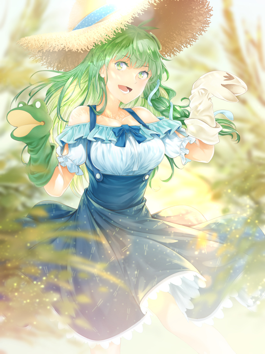 :d arkatopia bare_shoulders blue_bow blue_dress blurry blurry_foreground bow braid breasts dress green_eyes green_hair hand_puppet hat highres kochiya_sanae large_breasts long_hair puppet shirt single_braid smile straw_hat sunlight suspenders touhou white_shirt