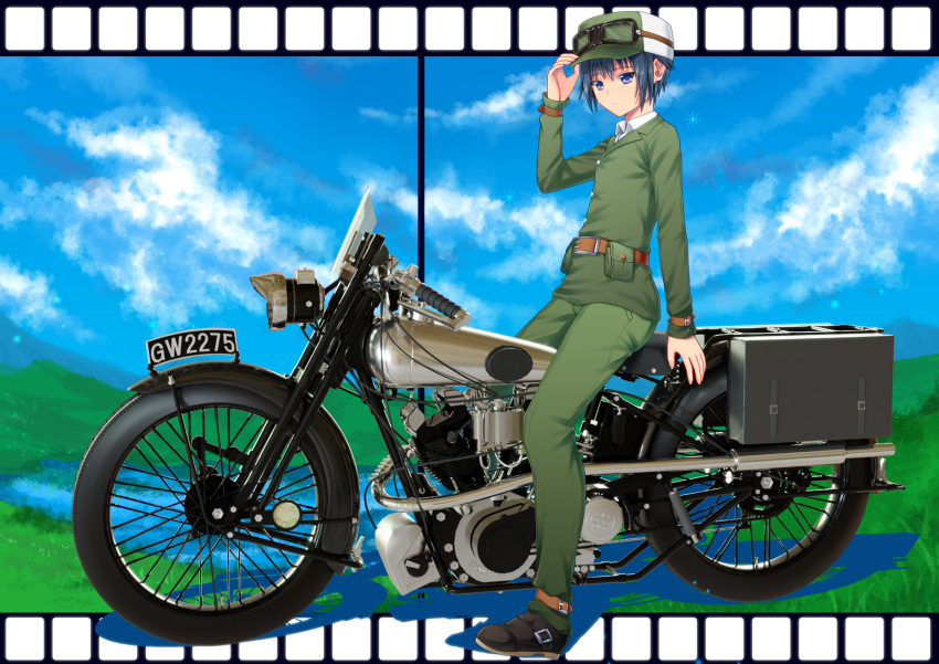 1girl 3d absurdres ano_hito black_hair blue_eyes commentary_request full_body goggles goggles_on_headwear green_jacket ground_vehicle hat highres jacket kino_(kino_no_tabi) kino_no_tabi lake mixed_media motor_vehicle motorcycle mountain pouch short_hair sitting solo