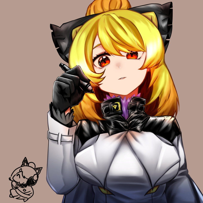 1girl alternate_costume bangs black_bow black_gloves blonde_hair blush bow breasts brown_background chibi coat commentary_request extra_eyes gloves hair_between_eyes hair_bow hair_bun highres holding holding_pen kurodani_yamame large_breasts long_sleeves looking_at_viewer medium_hair parted_lips pen red_eyes rinyamame simple_background smile touhou upper_body white_coat