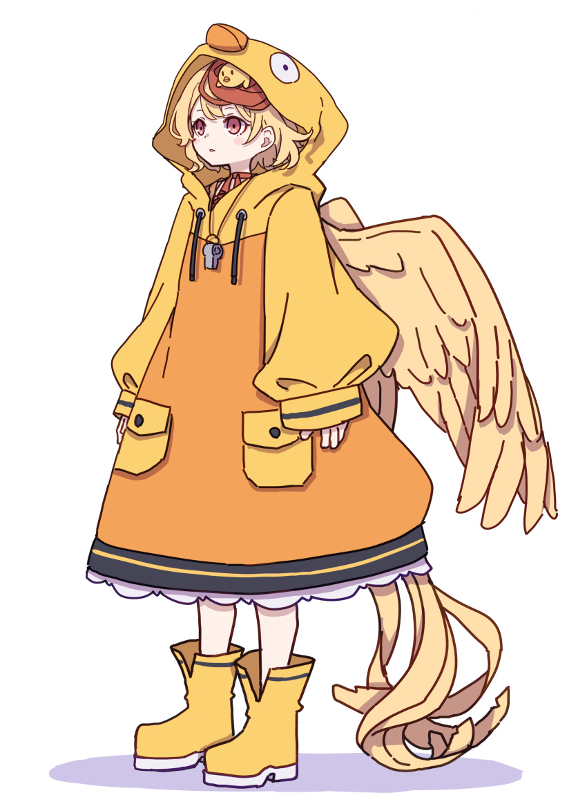 1girl absurdres animal animal_on_head bird bird_on_head bird_tail bird_wings blonde_hair blush_stickers boots chick commentary feathered_wings full_body highres hood hoodie kame_(kamepan44231) long_sleeves looking_away multicolored_hair niwatari_kutaka on_head one-hour_drawing_challenge parted_lips red_eyes redhead shadow short_hair simple_background solo tail touhou two-tone_hair whistle whistle_around_neck white_background wings yellow_footwear yellow_hoodie yellow_wings