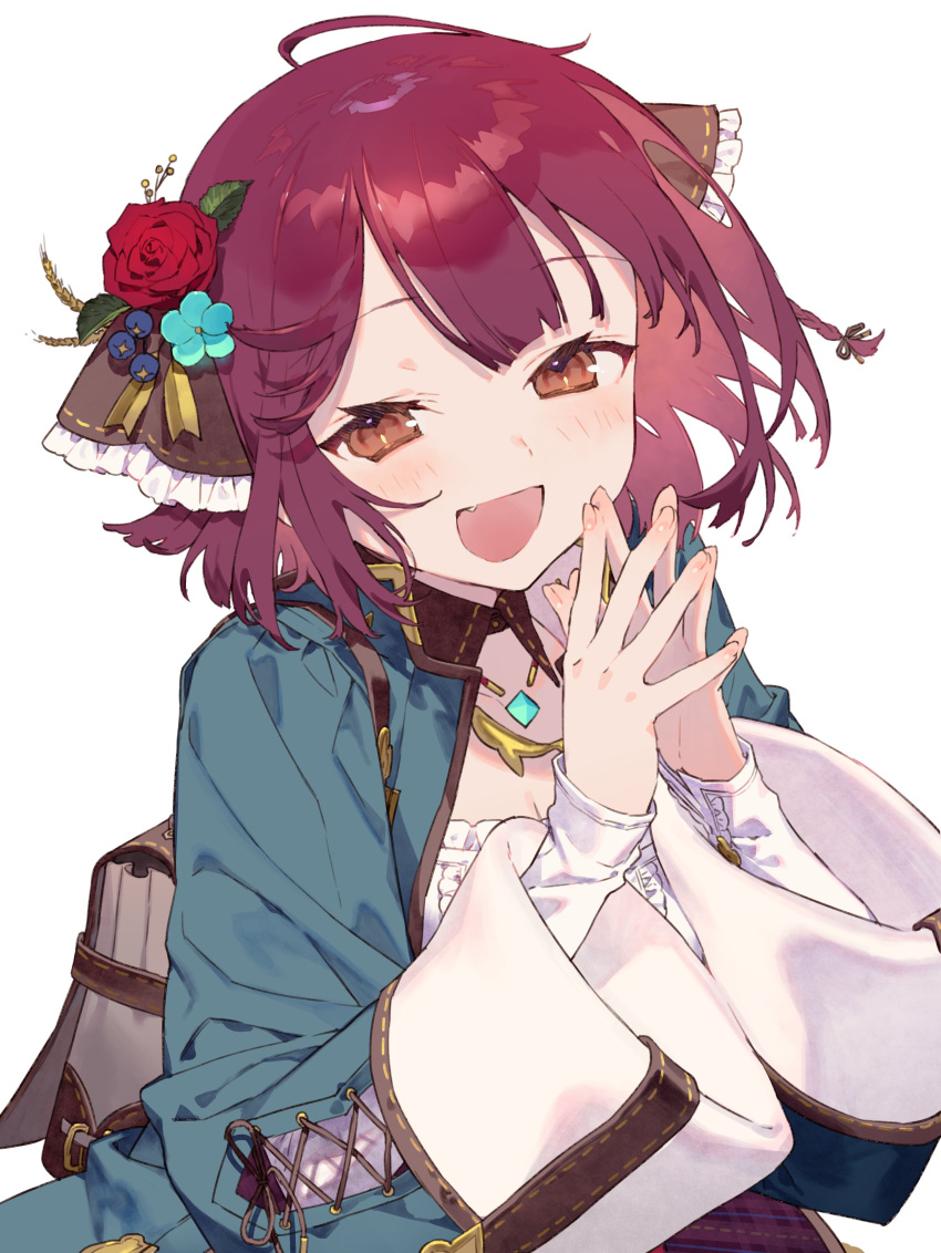 absurdres ahoge atelier_(series) atelier_sophie atelier_sophie_2 backpack bag bangs blue_coat brown_eyes brown_ribbon coat collared_coat detached_collar fang flower hair_flower hair_ornament highres jewelry long_sleeves looking_at_viewer necklace noco_(adamas) open_mouth plaid_coat red_flower red_rose redhead ribbon rose shirt short_hair simple_background sophie_neuenmuller two-sided_coat white_background white_shirt wide_sleeves