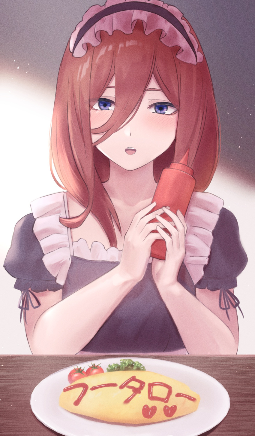 1girl alternate_costume black_dress black_ribbon blue_eyes blush bottle brown_hair character_name collarbone commentary dress enmaided eyes_visible_through_hair facing_viewer food go-toubun_no_hanayome hair_over_one_eye hands_up heart highres holding holding_bottle ketchup ketchup_bottle long_hair looking_at_viewer maid maid_headdress mowatoro_(10628_) nakano_miku omelet omurice open_mouth puffy_short_sleeves puffy_sleeves ribbon short_sleeves simple_background solo straight-on table teeth translated upper_teeth_only