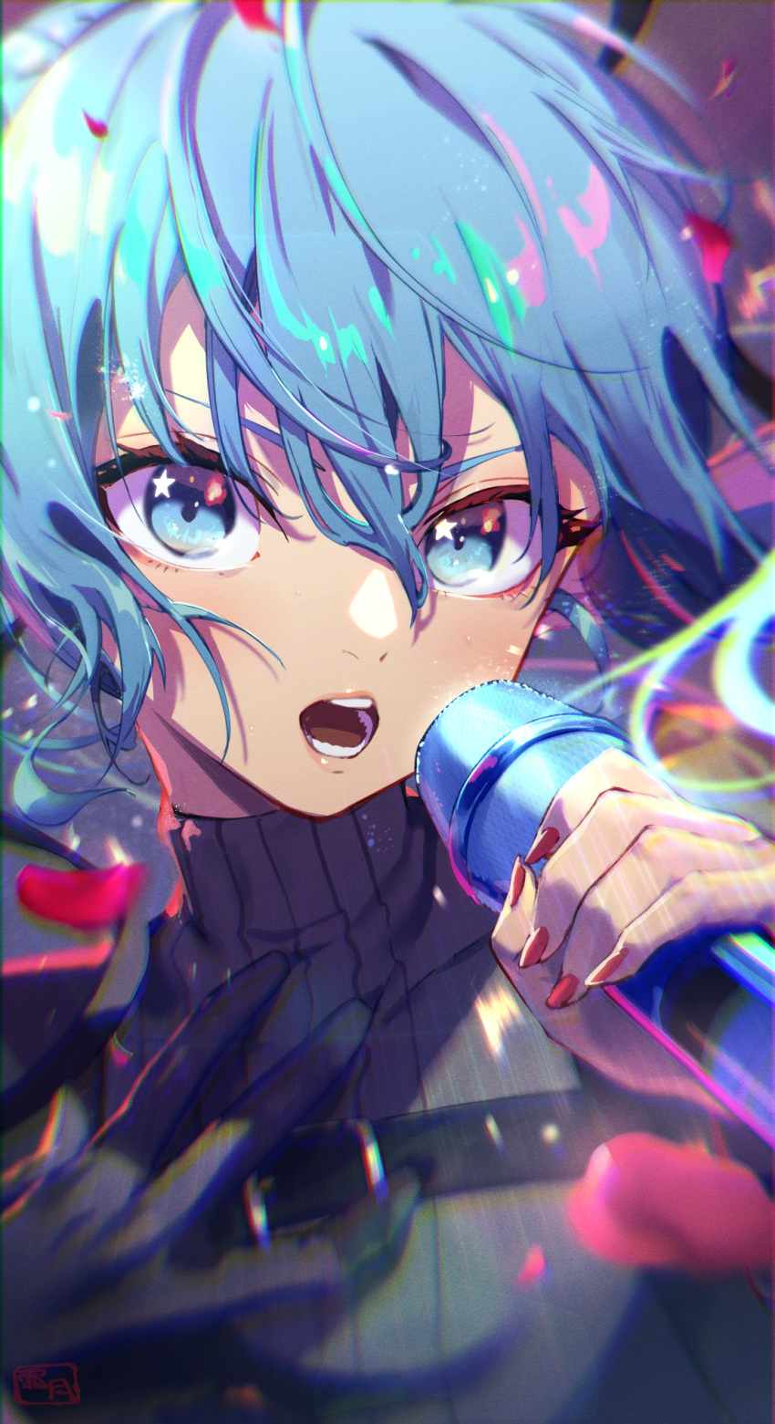 1girl black_gloves black_sweater blue_eyes blue_hair commentary fingernails gloves highres holding holding_microphone hololive hoshimachi_suisei long_fingernails long_hair looking_at_viewer microphone music nail_polish official_alternate_costume open_mouth petals red_nails shimotsuki_shio singing single_glove solo star_(symbol) star_in_eye sweater symbol_in_eye upper_body v-shaped_eyebrows