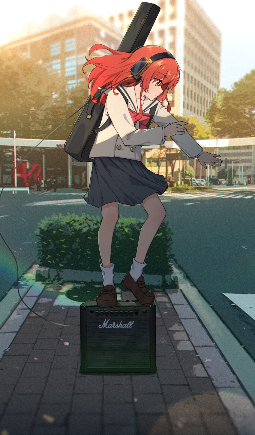 1girl amplifier bangs black_skirt blurry blurry_background bocchi_the_rock! bow bowtie buttons cable city cropped crosswalk dancing day depth_of_field expressionless film_grain floating_hair full_body guitar_case headphones hedge highres instrument_case instrument_on_back jl_tan kita_ikuyo loafers long_hair long_sleeves looking_down looking_to_the_side loose_socks outdoors outstretched_arm pleated_skirt profile rainbow red_bow red_bowtie redhead romaji_commentary sailor_collar school_uniform serafuku shade shoes skirt socks solo standing_on_object sunlight tree white_sailor_collar white_serafuku white_socks yellow_eyes