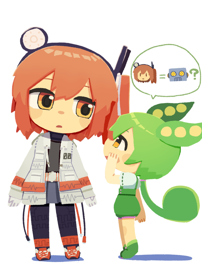 2girls a.i._voice absurdres adachi_rei bangs belt black_hairband black_leggings black_shirt black_skirt blush_stickers cable chibi covering_mouth expressionless full_body gloves green_hair green_shorts hair_ribbon hairband hand_up headlamp highres jacket konohoshi leaning_to_the_side leggings long_hair long_sleeves looking_at_another low_ponytail multiple_girls open_clothes open_jacket open_mouth orange_eyes orange_hair pea_pod puffy_shorts radio_antenna ribbon shirt shoes short_hair shorts side_ponytail sideways_glance skirt sneakers spoken_character standing suspender_shorts suspenders tiptoes turtleneck utau utility_belt voicevox white_background white_gloves white_jacket white_ribbon zundamon