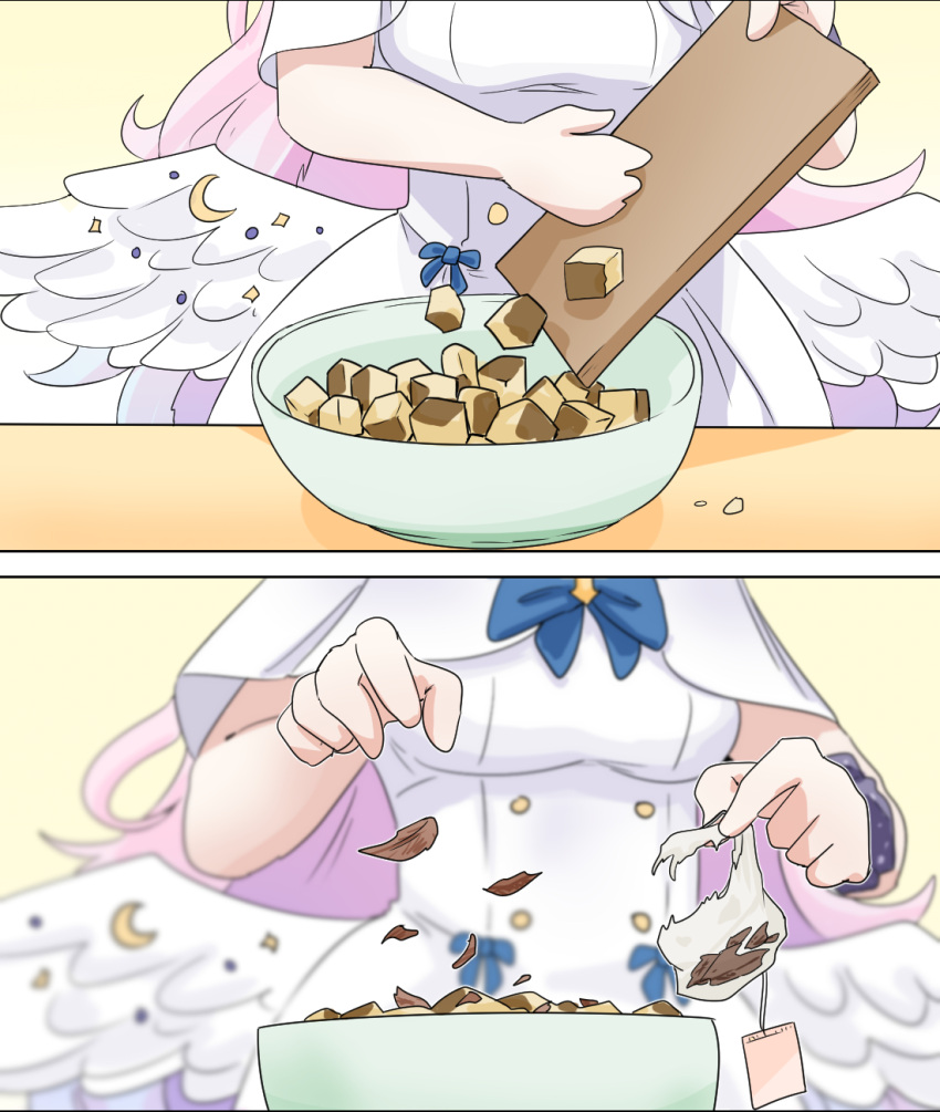 1girl angel_wings blue_archive blurry bowl c/h cake commentary cutting_board depth_of_field english_commentary feathered_wings food highres long_hair mika_(blue_archive) out_of_frame pink_hair school_uniform scrunchie solo swiss_roll tea_leaves white_wings wings wrist_scrunchie