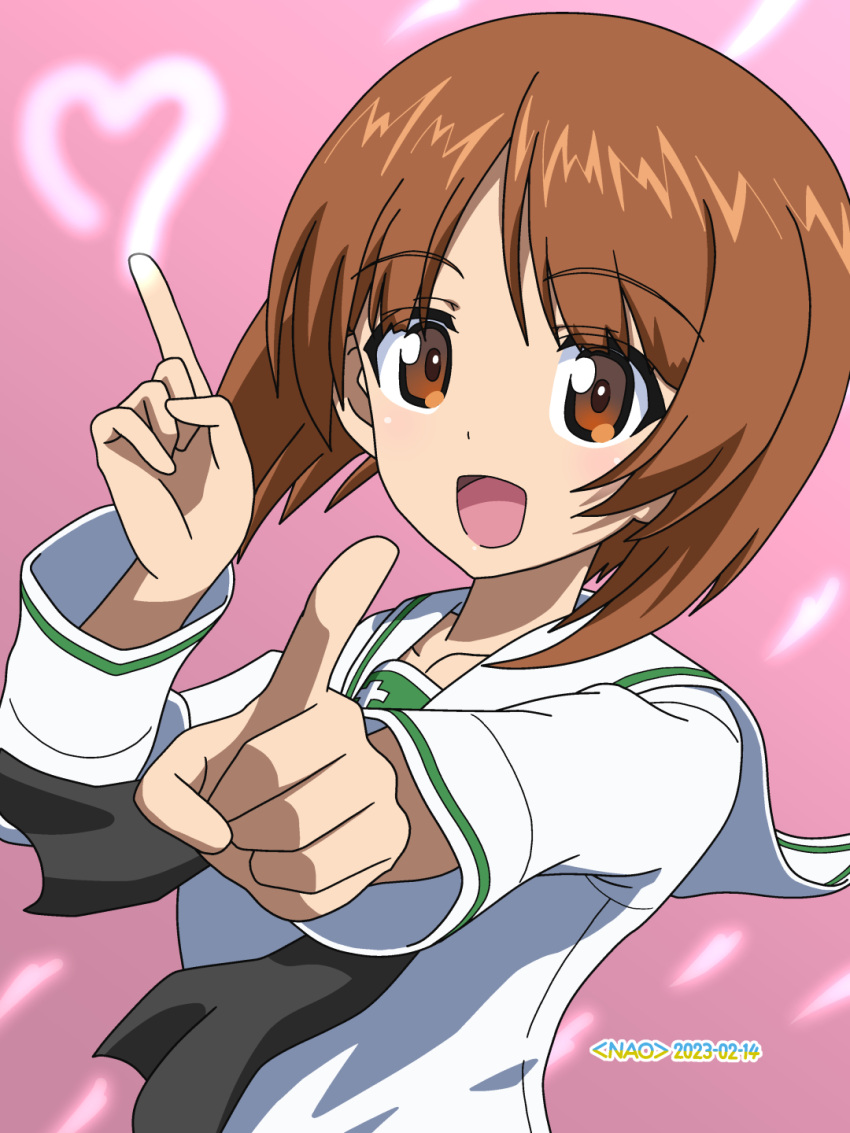 1girl :d artist_name bangs black_neckerchief blouse brown_eyes brown_hair commentary dancing dated foreshortening girls_und_panzer heart highres index_fingers_raised light_trail long_sleeves looking_at_viewer naotosi neckerchief nishizumi_miho ooarai_school_uniform open_mouth pink_background sailor_collar school_uniform serafuku shirt short_hair smile solo upper_body valentine white_sailor_collar white_shirt
