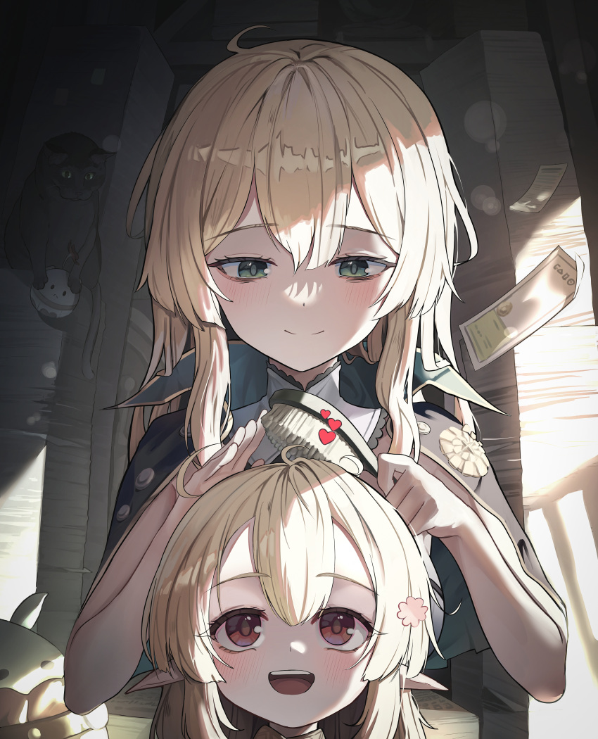 2girls absurdres adjusting_hair ahoge bangs blonde_hair blurry brown_scarf brushing_another's_hair brushing_hair capelet closed_mouth comb commentary depth_of_field genshin_impact green_eyes gro_(lee145879) hair_between_eyes heart highres holding jean_(genshin_impact) jumpy_dumpty klee_(genshin_impact) light_brown_hair long_hair looking_at_another looking_up low_twintails multiple_girls open_mouth pointy_ears ponytail red_eyes scarf sidelocks smile teeth twintails upper_teeth_only