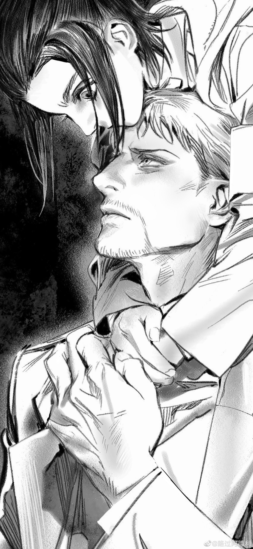 1boy 1girl absurdres arms_around_neck blonde_hair eye_contact facial_hair gabi_braun goatee greyscale half-siblings hand_grab highres leaning_forward looking_at_another looking_up luguoadeli_(maple12031) marley_military_uniform monochrome reiner_braun shingeki_no_kyojin short_hair solo stubble upper_body wide-eyed