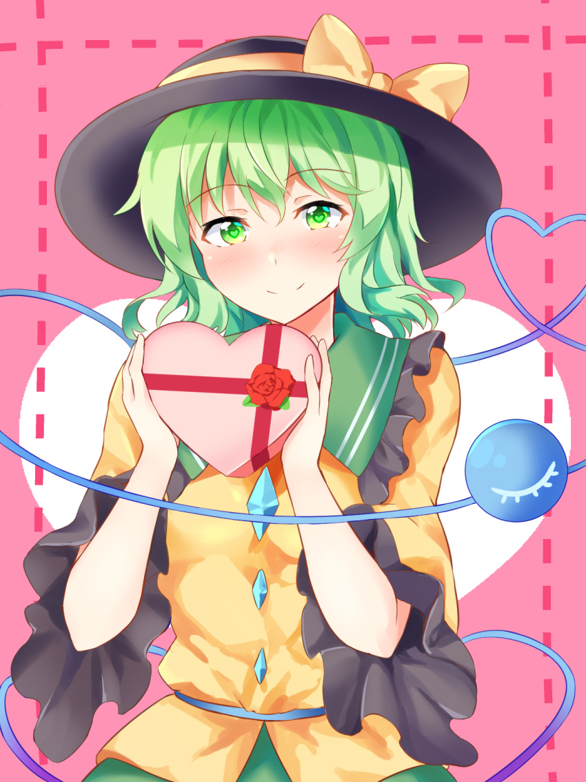 1girl bangs black_headwear blush bow box bright_pupils buttons closed_mouth commentary_request diamond_button flower frilled_sleeves frills full-face_blush gift green_hair green_sailor_collar hair_between_eyes hands_up hat hat_bow heart heart-shaped_box heart-shaped_pupils heart_of_string highres holding holding_gift komeiji_koishi long_sleeves looking_at_viewer medium_hair nagomian pink_background red_flower red_rose rose sailor_collar shirt simple_background smile solo symbol-shaped_pupils third_eye touhou upper_body valentine wavy_hair wide_sleeves yellow_bow yellow_shirt