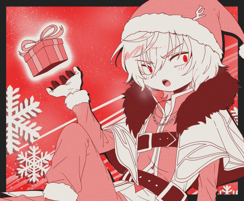 1boy accelerator_(toaru_majutsu_no_index) albino ambiguous_gender androgynous antlers arm_at_side arrow_print bangs belt black_belt black_border blush border box capelet chain_necklace christmas_present crossed_legs diagonal_stripes electrodes fang fur-trimmed_capelet fur-trimmed_headwear fur-trimmed_legwear fur_trim gift gift_box gloves hair_between_eyes hand_up hat highres jewelry limited_palette long_sleeves looking_to_the_side multiple_belts necklace open_hand open_mouth pale_skin pants red_background red_eyes red_headwear red_pants reindeer_antlers sanpaku santa_costume santa_gloves santa_hat short_hair sitting snowflake_background solo striped teeth toaru_majutsu_no_index two-tone_shirt upper_body upper_teeth_only white_gloves white_hair wo_zatta