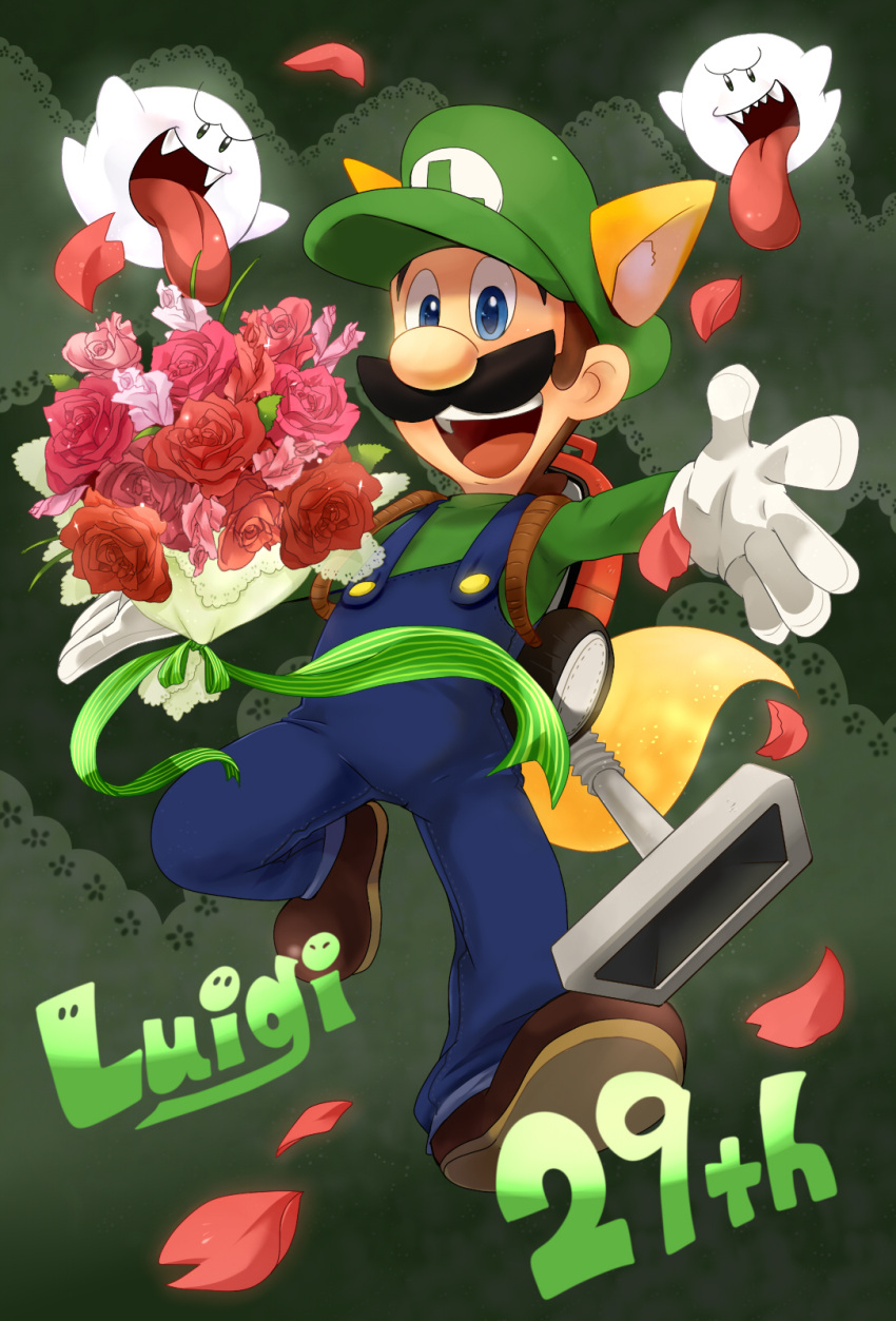 1boy :d anniversary blue_eyes blue_overalls blue_pants boo_(mario) bouquet brown_footwear brown_hair buttons character_name commentary_request facial_hair fangs flower full_body ghost gloves green_background green_headwear green_shirt hat highres holding holding_bouquet kinashi long_sleeves looking_at_viewer luigi luigi's_mansion male_focus mustache open_mouth outstretched_arms overalls pants petals pink_flower pink_rose poltergust_3000 red_flower red_rose rose shirt shoes short_hair simple_background smile spread_arms super_mario_bros. teeth tongue tongue_out vacuum_cleaner white_gloves