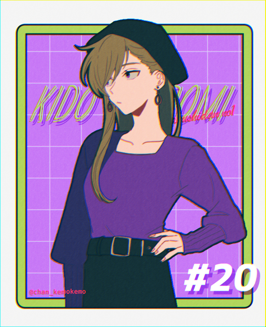 1girl arm_at_side bangs belt belt_buckle black_belt black_border black_headwear black_skirt border buckle casual character_name chromatic_aberration closed_mouth collarbone dangle_earrings earrings fingernails framed green_border green_hair grid_background hair_behind_ear hair_over_one_eye hair_over_shoulder hand_on_hip hat highres jewelry kagerou_project kido_tsubomi long_hair long_sleeves looking_to_the_side mekakucity_actors mokemoke_chan purple_background purple_shirt romaji_text shirt skirt solo swept_bangs tsurime twitter_username upper_body violet_eyes white_background