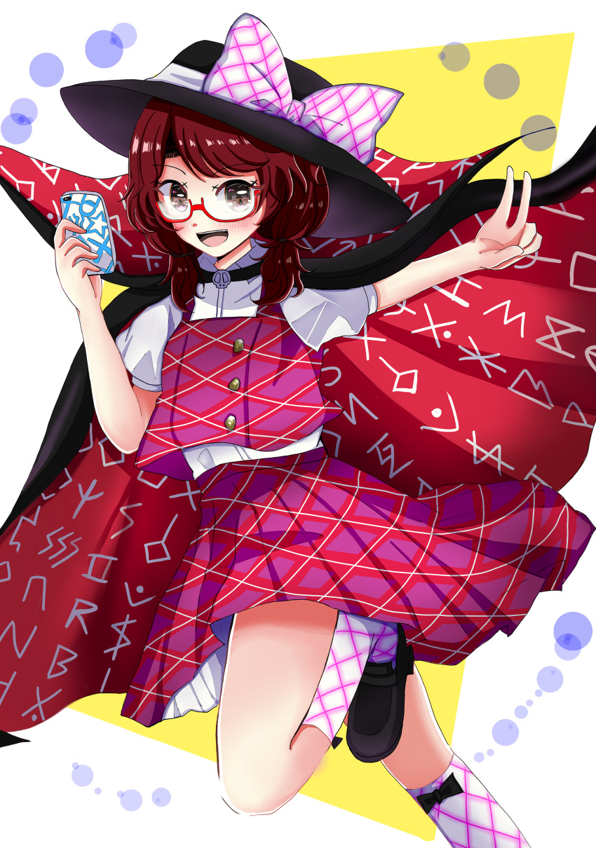 1girl absurdres bow brown_hair cellphone cloak fedora glasses hat hat_bow highres kuronon leg_up loafers low_twintails phone plaid plaid_skirt plaid_vest purple_skirt purple_vest runes school_uniform shoes short_sleeves short_twintails skirt smartphone smile solo touhou twintails usami_sumireko v vest violet_detector