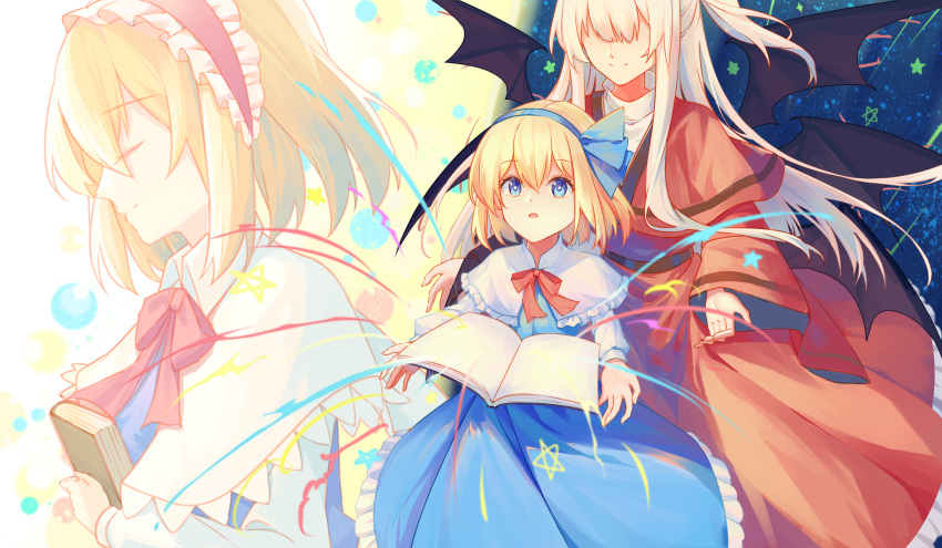 2girls absurdres alice_margatroid alice_margatroid_(pc-98) bangs black_wings blonde_hair blue_dress blue_eyes blue_hairband book capelet closed_eyes closed_mouth dress faceless faceless_female hair_between_eyes hairband highres long_hair long_sleeves minuo multiple_girls one_side_up open_book open_mouth red_dress shinki_(touhou) short_hair smile touhou touhou_(pc-98) white_capelet white_hair wings