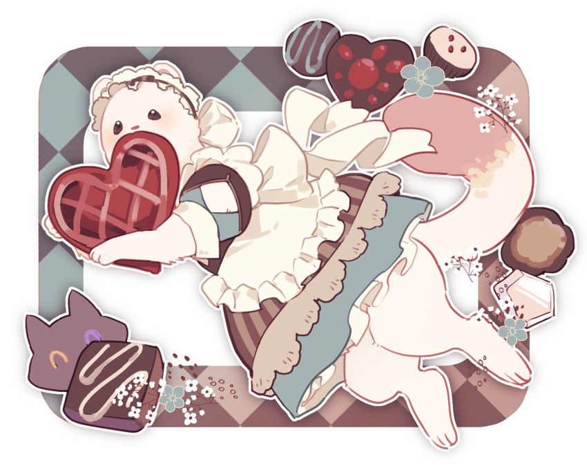 1other animalization apron aqua_dress barefoot brown_cookie candy chocolate_chip_cookie chocolate_syrup cookie dress ermine ferret food foodification frilled_apron frills full_body heart heart-shaped_cookie heterochromia holding holding_cookie holding_food kuya_(nu_carnival) looking_at_viewer maid_apron maid_headdress no_humans nu_carnival personification puffy_short_sleeves puffy_sleeves short_sleeves skirt tail topper_(nu_carnival) violet_eyes weasel white_apron yellow_eyes zym89622531
