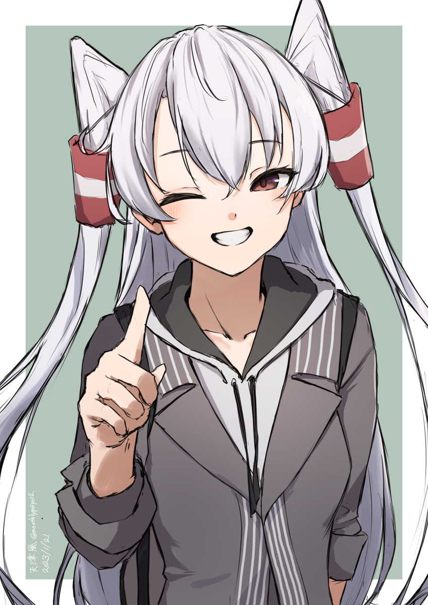 1girl absurdres amatsukaze_(kancolle) brown_eyes collarbone commentary_request drawstring grey_jacket grin hair_tubes highres hood hooded_sweater jacket kantai_collection long_hair one-hour_drawing_challenge one_eye_closed smile solo sweater two_side_up umibudou upper_body white_hair white_sweater