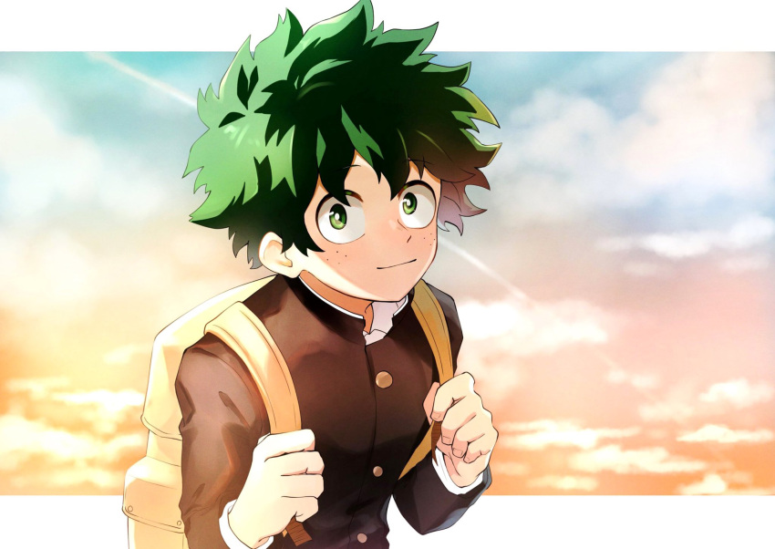 1boy aged_down backpack bag bangs blue_sky blush boku_no_hero_academia bright_pupils buttons closed_mouth clouds cloudy_sky collared_shirt commentary_request film_grain freckles gakuran gradient_hair gradient_sky green_eyes green_hair hands_up happy high_collar highres holding_strap keta_(peeepeenope) letterboxed long_sleeves looking_at_viewer looking_to_the_side looking_up male_focus midoriya_izuku multicolored_hair orange_sky outside_border partial_commentary school_uniform shirt short_hair sideways_glance sky sky_background smile upper_body white_pupils white_shirt yellow_bag