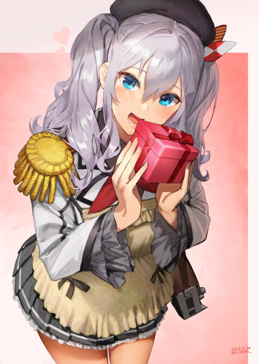 1girl 9-ga apron artist_name bangs beret black_headwear blue_eyes box cowboy_shot dated epaulettes gift gift_box grey_hair grey_skirt hair_between_eyes hat heart highres holding holding_gift jacket kantai_collection kashima_(kancolle) long_sleeves looking_at_viewer medium_hair open_mouth pleated_skirt signature skirt smile solo twintails valentine white_jacket yellow_apron