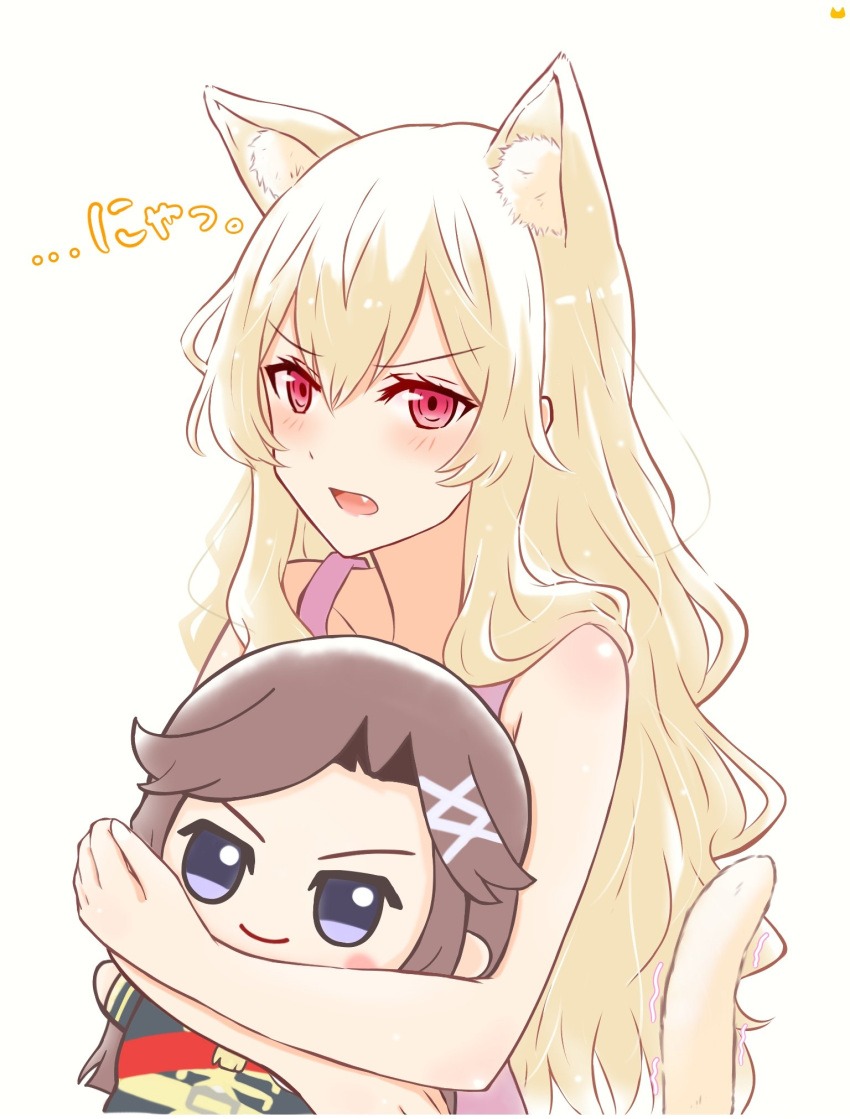 1girl animal_ear_fluff animal_ears bangs bare_arms bare_shoulders blonde_hair blush camisole cat_ears cat_girl cat_tail character_doll chibinekopan commentary_request cropped_torso doll_hug fang hair_between_eyes highres holding holding_stuffed_toy kemonomimi_mode long_hair looking_away motion_lines object_hug open_mouth pink_camisole pink_eyes saijou_claudine shoujo_kageki_revue_starlight sidelocks simple_background solo stuffed_toy tail tendou_maya translated upper_body v-shaped_eyebrows very_long_hair wavy_hair yellow_background
