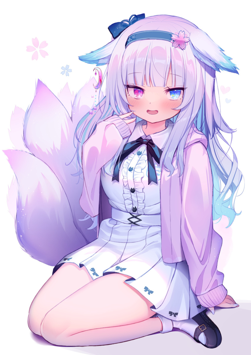 1girl :d absurdres animal_ears black_footwear black_hairband blue_eyes blue_hair breasts center_frills collared_shirt commission d_omm fox_ears fox_girl fox_tail frills gradient_hair hairband heterochromia highres hood hood_down hoodie light_blue_hair long_hair long_sleeves looking_at_viewer mary_janes medium_breasts multicolored_hair multiple_tails open_clothes open_hoodie pink_eyes pink_hair pink_hoodie pleated_skirt second-party_source shirt shoes sitting skeb_commission skirt sleeves_past_wrists smile tail vrchat white_shirt white_skirt wing_collar