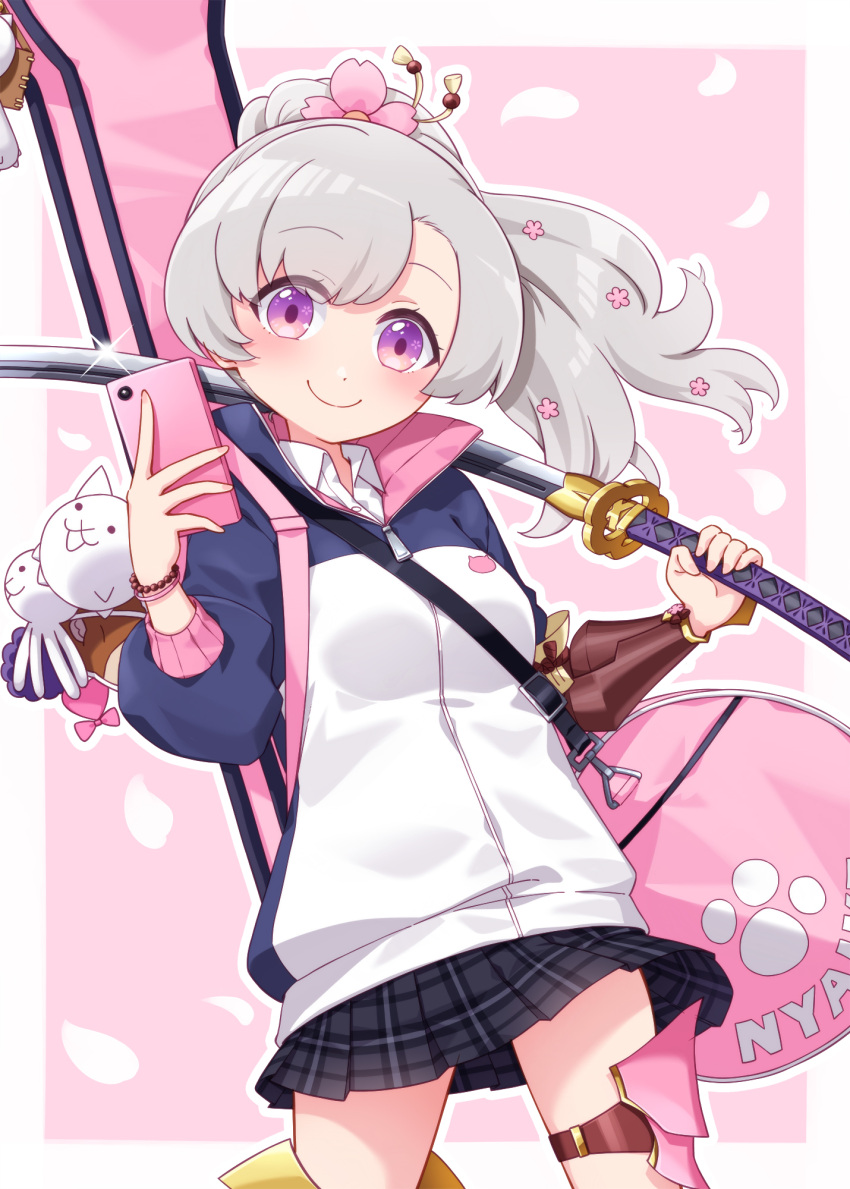 1girl bag bangs blush breasts cellphone closed_mouth collared_shirt commentary_request commission dress_shirt flower grey_hair grey_skirt hair_flower hair_ornament harada_(sansei_rain) head_tilt highres holding holding_phone holding_sword holding_weapon jacket katana kazehaya_sakura long_hair long_sleeves nyanko_daisensou parted_bangs petals phone pink_background pink_flower pixiv_commission plaid plaid_skirt pleated_skirt ponytail puffy_long_sleeves puffy_sleeves shirt shoulder_bag skirt small_breasts smile solo sword two-tone_background violet_eyes weapon white_background white_jacket white_shirt