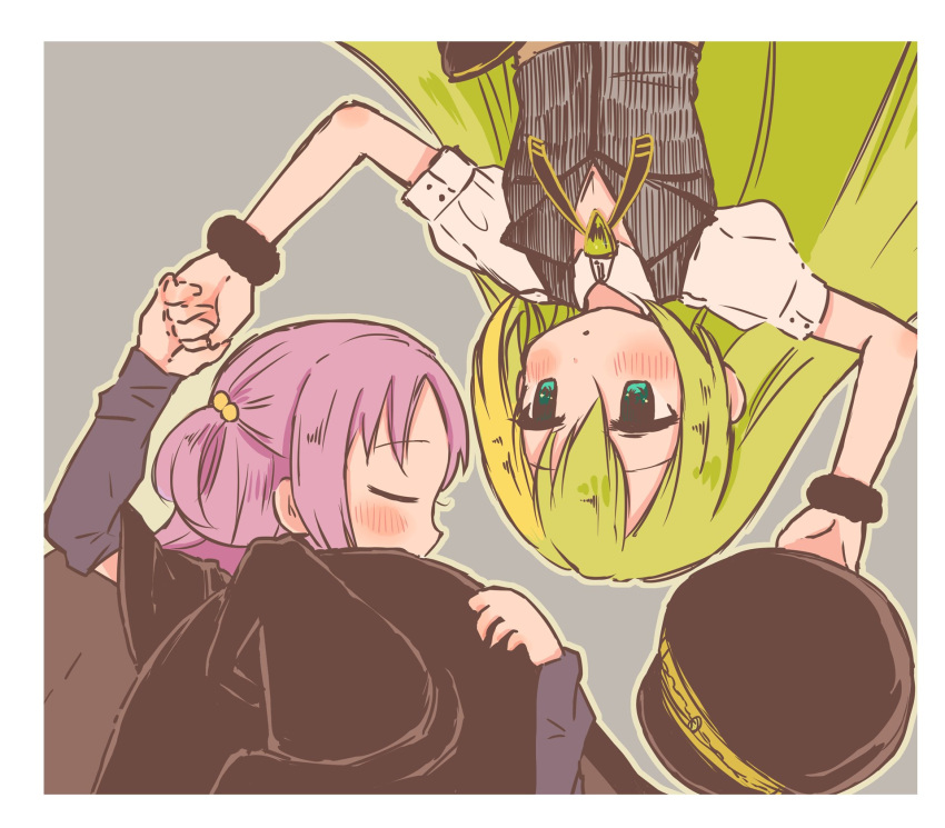 2girls alina_gray black_headwear black_vest blonde_hair blush closed_eyes fur_cuffs green_hair hair_between_eyes hair_bobbles hair_ornament hat hat_removed headwear_removed highres holding_hands long_hair lying magia_record:_mahou_shoujo_madoka_magica_gaiden magical_girl mahou_shoujo_madoka_magica minnano94 misono_karin multicolored_hair multiple_girls on_back open_mouth peaked_cap puffy_short_sleeves puffy_sleeves purple_hair rotational_symmetry short_sleeves sidelocks streaked_hair two_side_up v-neck vest witch_hat